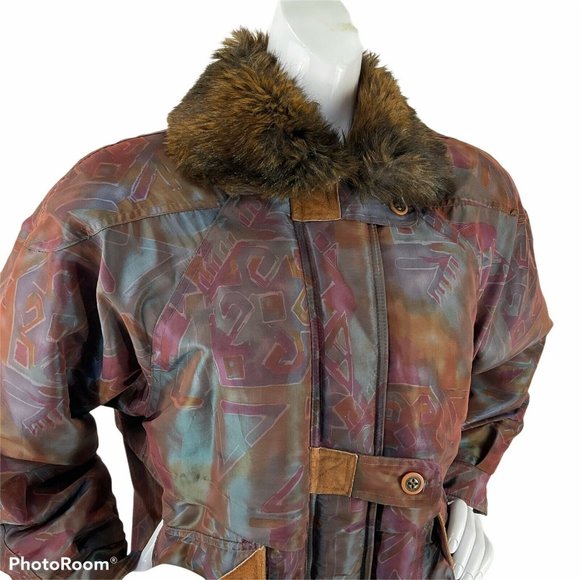 Braefair Coat Womens Sz S Vintage Aztec Retro 90's Leather trim Faux Fur Collar - Picture 2 of 8